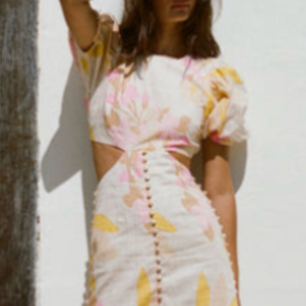 Sabo Skirt Beige Floral Puff-Sleeve Maxi Dress with Pink & Mustard Print - Picture 3 of 4